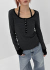 [MADE] Hiko Layered Stripe Halter Henley Neck Long Sleeve T-shirt