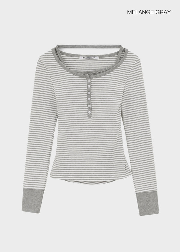 [MADE] Hiko Layered Stripe Halter Henley Neck Long Sleeve T-shirt