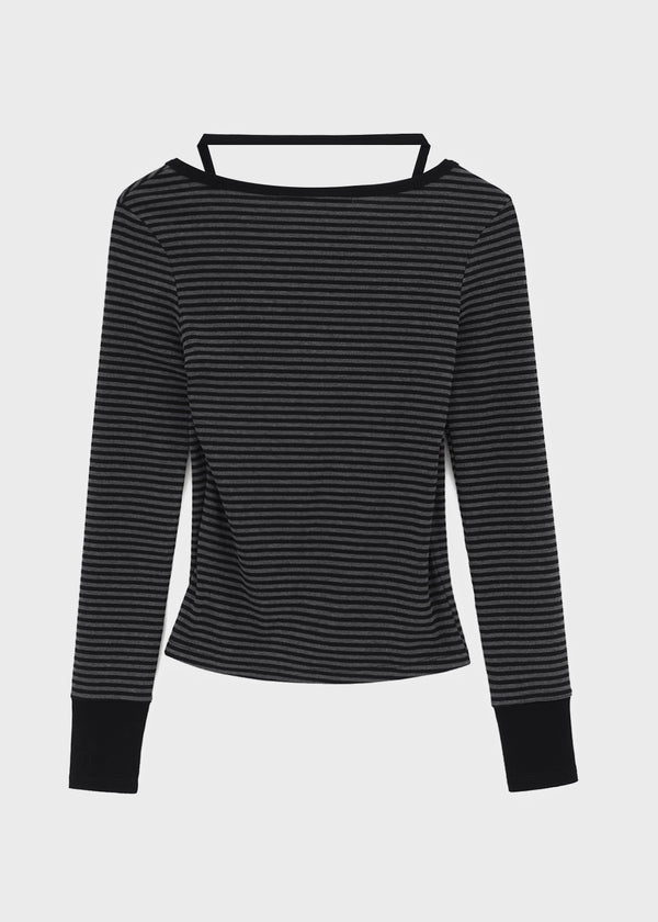 [MADE] Hiko Layered Stripe Halter Henley Neck Long Sleeve T-shirt
