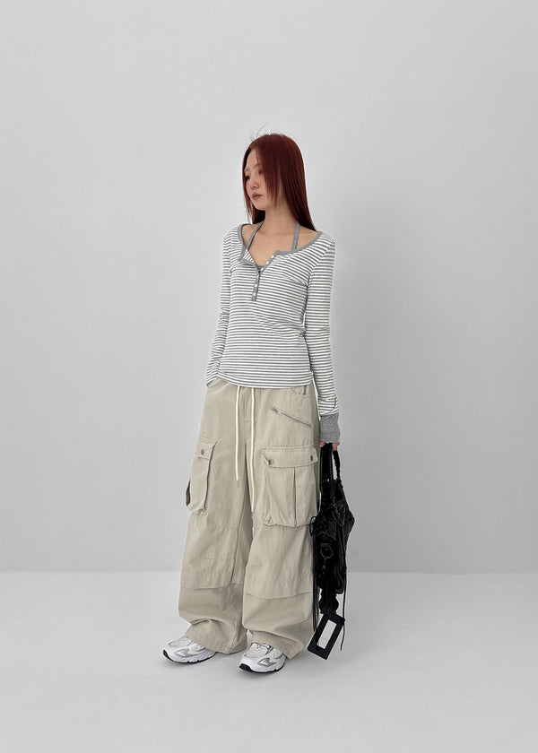 [MADE] Hiko Layered Stripe Halter Henley Neck Long Sleeve T-shirt