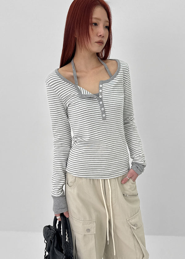 [MADE] Hiko Layered Stripe Halter Henley Neck Long Sleeve T-shirt