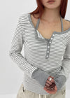 [MADE] Hiko Layered Stripe Halter Henley Neck Long Sleeve T-shirt