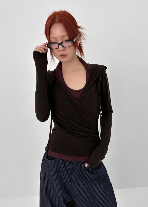 Rekira Hooded Wrap Long Sleeve T-shirt