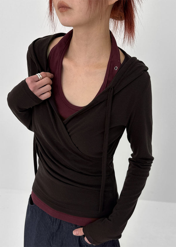Rekira Hooded Wrap Long Sleeve T-shirt
