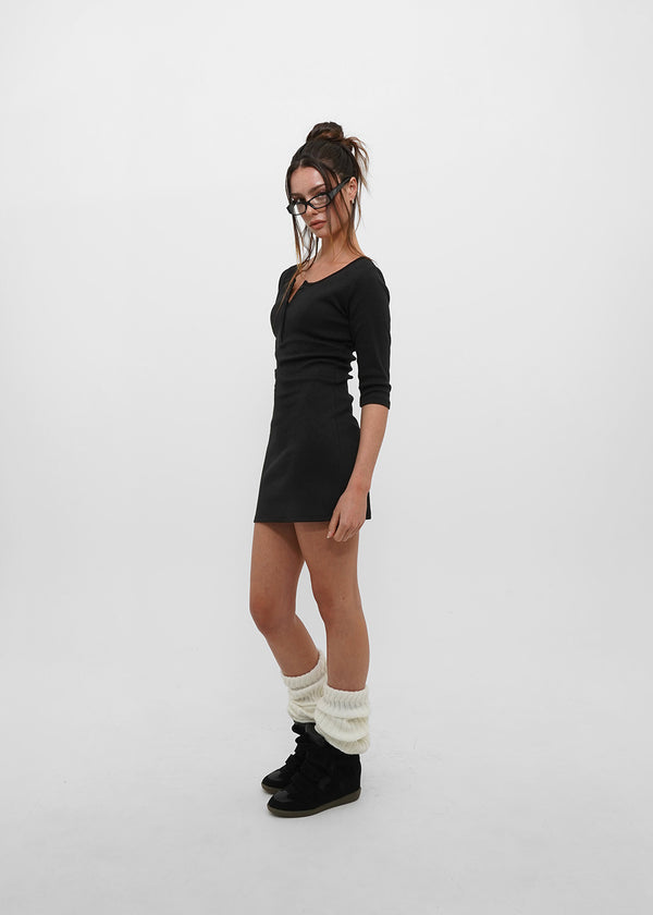 black 3/4 sleeve mini dress 3/4-SLEEVE SHORT DRESS | Black