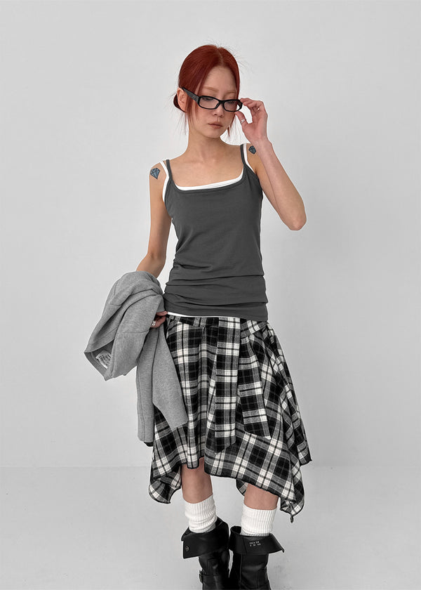 Sati Unbal Check Midi Skirt