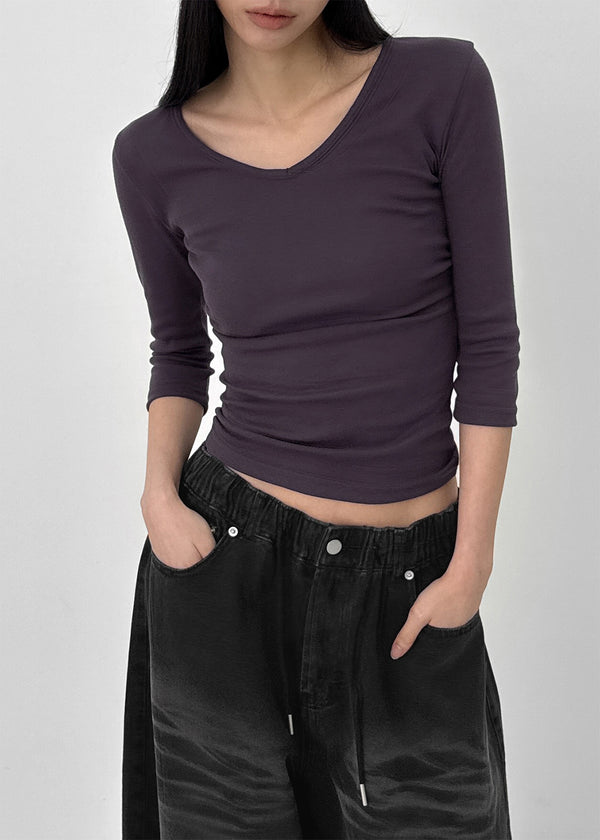 Marom Shirring V-neck 7-Length T-Shirt