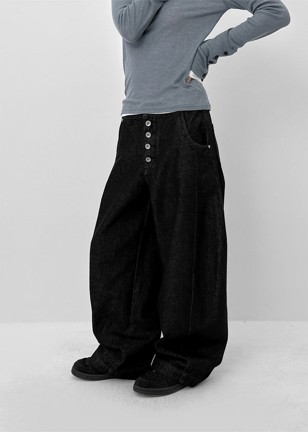 (UNISEX) Blackie Button Non-fade Raw Fabric Balloon Wide Denim Pants