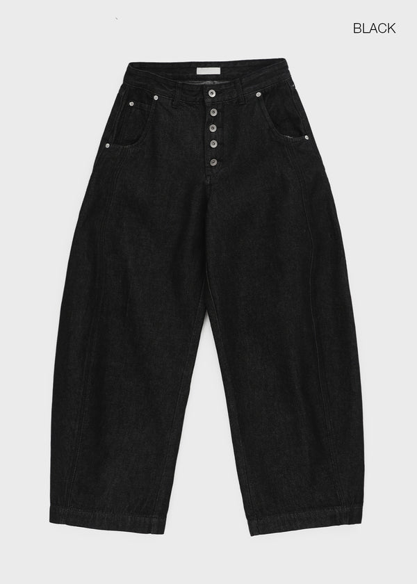 (UNISEX) Blackie Button Non-fade Raw Fabric Balloon Wide Denim Pants