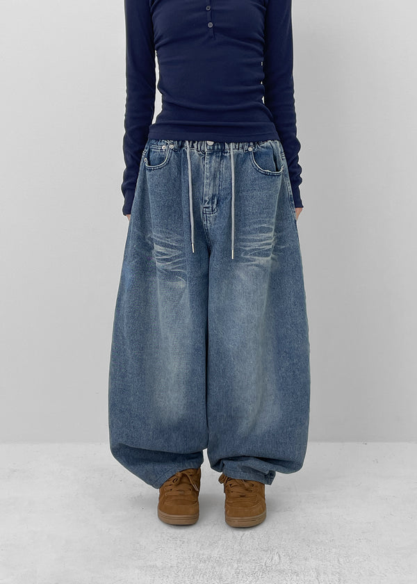 (UNISEX) Recoop Wide Balloon Banding Denim Pants