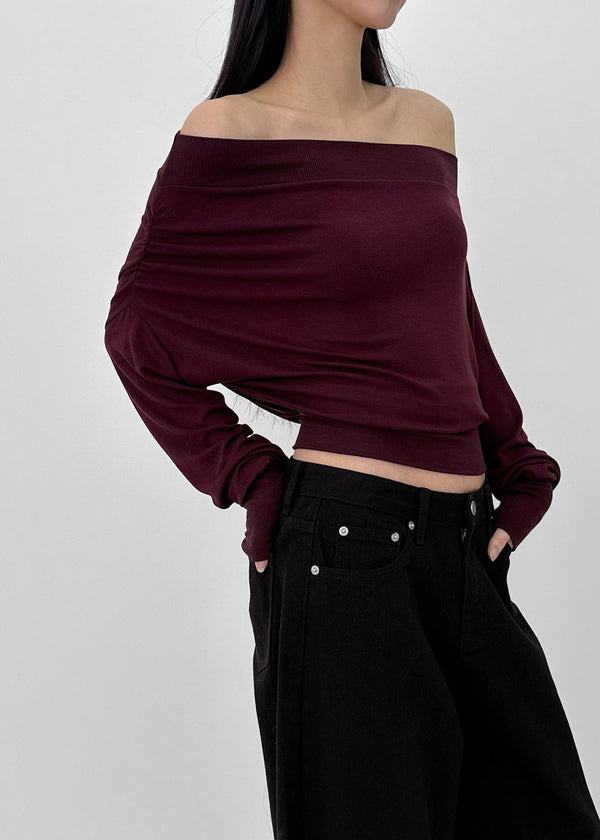 Split Shirring One-shoulder Long-sleeved T-shirt