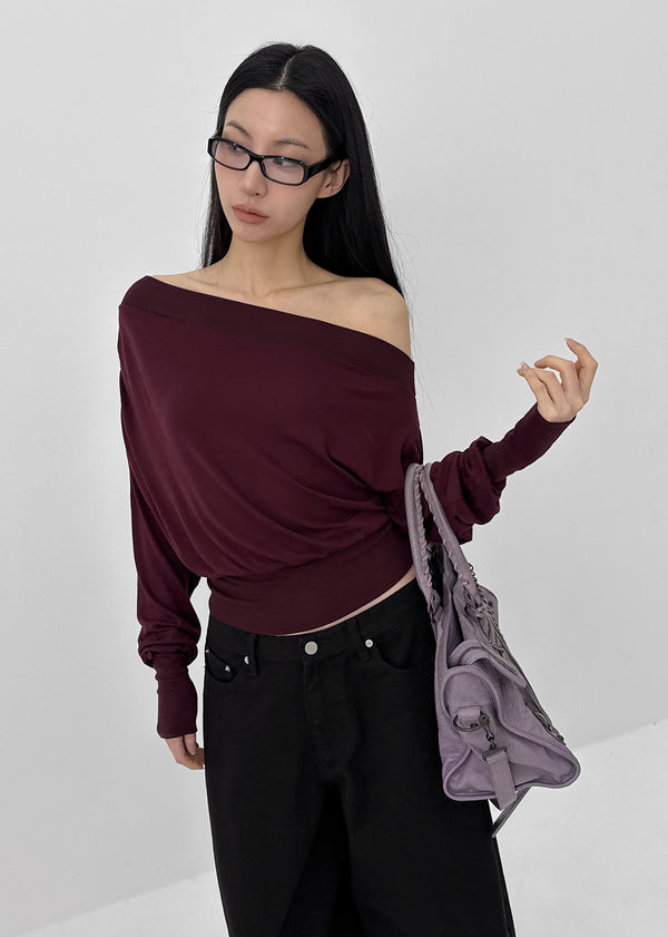 Split Shirring One-shoulder Long-sleeved T-shirt