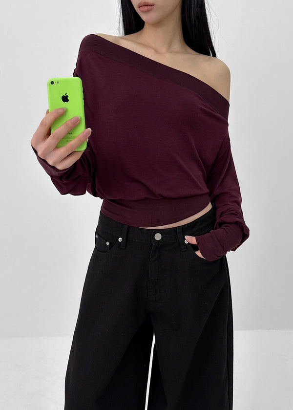 Split Shirring One-shoulder Long-sleeved T-shirt