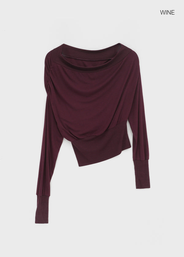 Split Shirring One-shoulder Long-sleeved T-shirt