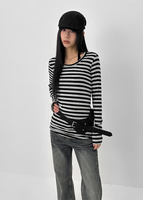 Palky Stripe U-Neck Long Sleeve Tee