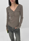 Baol V-neck Button Hooded Long-sleeved T-shirt