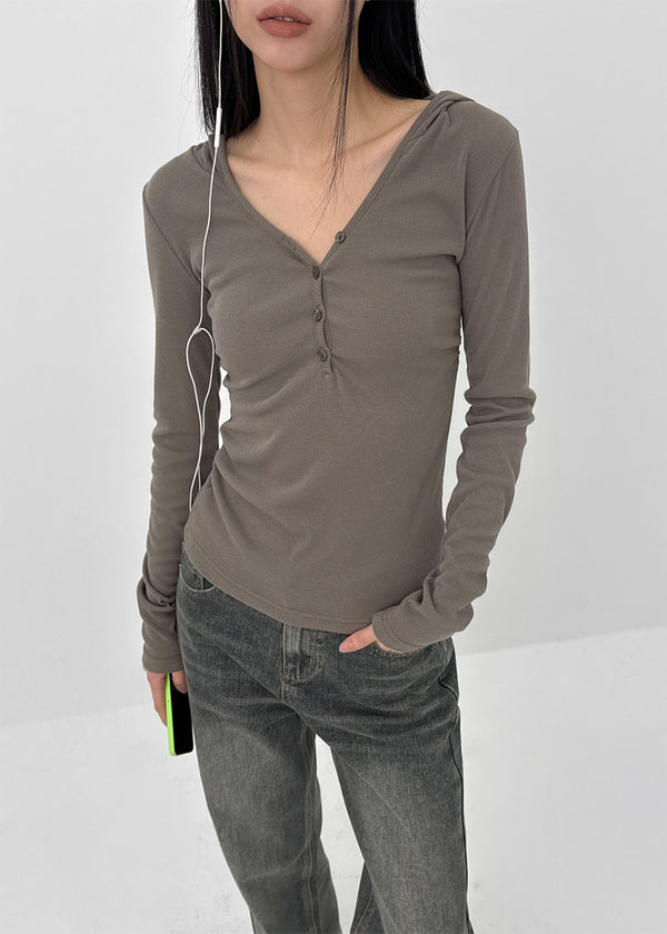 Baol V-neck Button Hooded Long-sleeved T-shirt