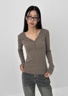 Baol V-neck Button Hooded Long-sleeved T-shirt