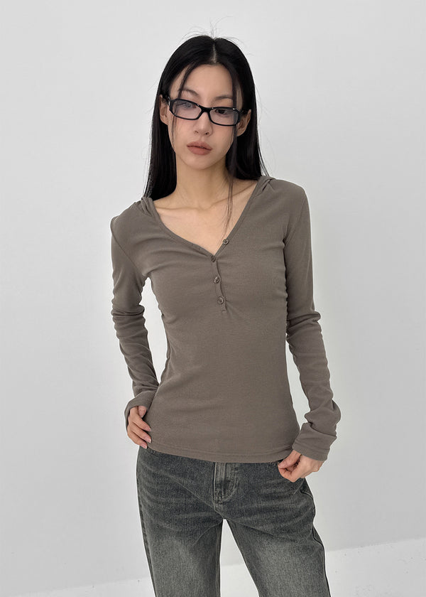 Baol V-neck Button Hooded Long-sleeved T-shirt