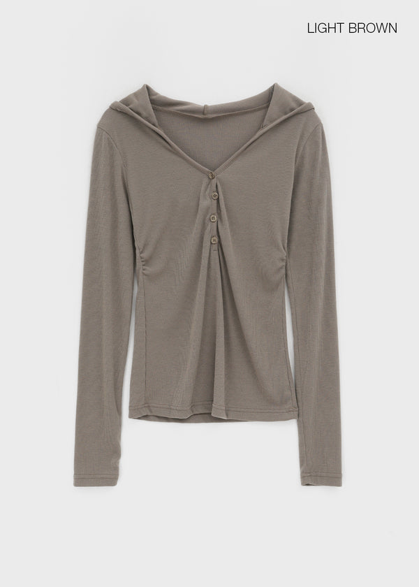Baol V-neck Button Hooded Long-sleeved T-shirt