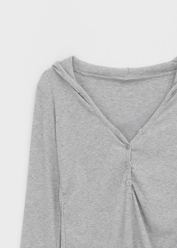 Baol V-neck Button Hooded Long-sleeved T-shirt