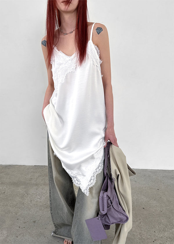 Robtin Satin Slip Lace Layered Midi Dress