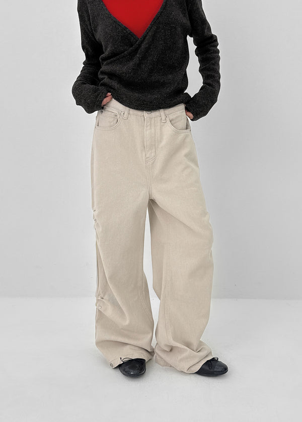 Henna Snap Button Rivet Straight Cotton Pants