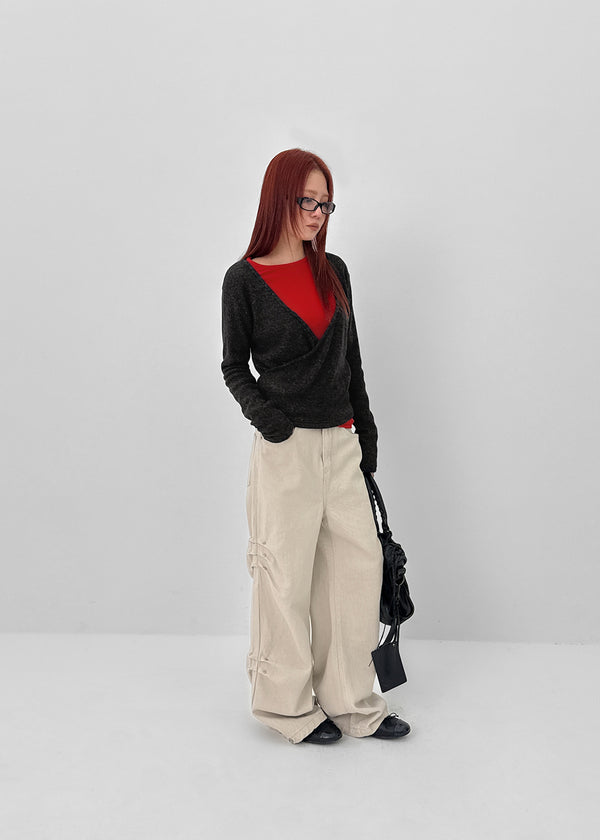 Henna Snap Button Rivet Straight Cotton Pants