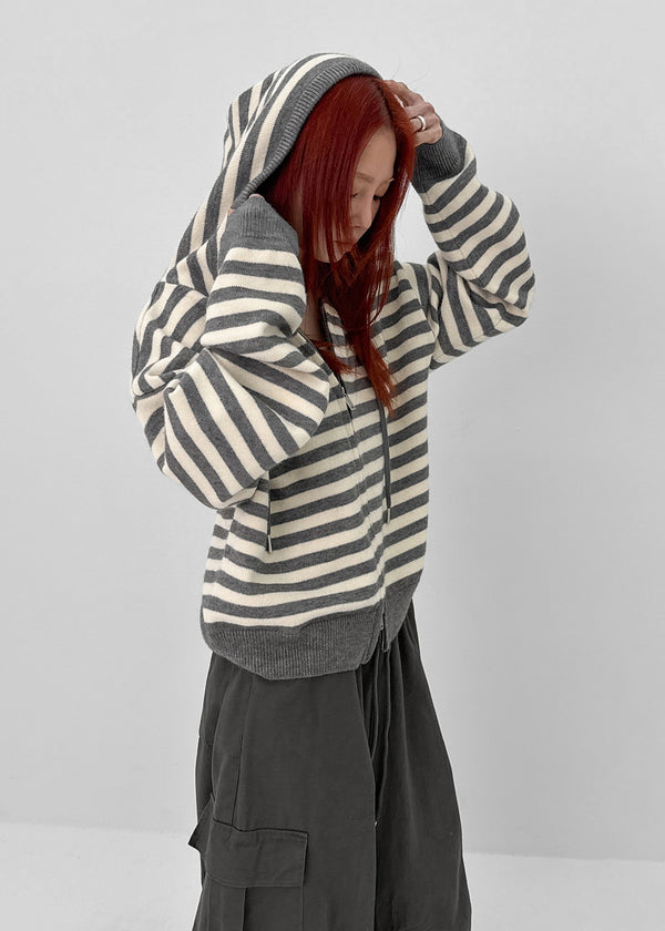 [MADE] Tiruver Stripe Knit Hooded Zip-up