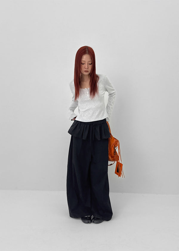 Renemu Square Neck Lace Long Sleeve T-shirt