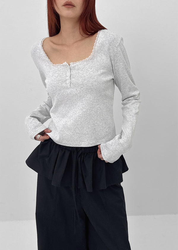 Renemu Square Neck Lace Long Sleeve T-shirt