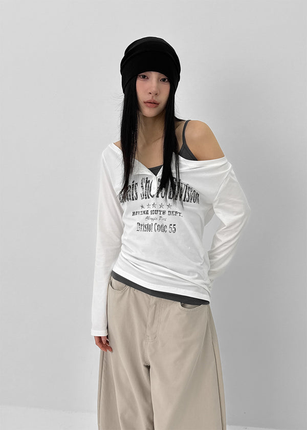 [MADE] Kundell Henley Neck Off-shoulder Long Sleeve T-shirt