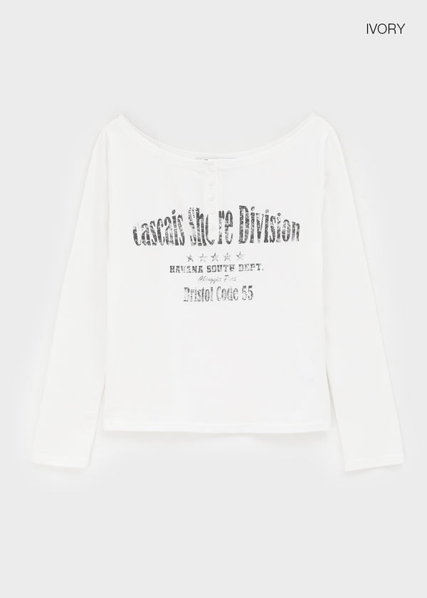 [MADE] Kundell Henley Neck Off-shoulder Long Sleeve T-shirt