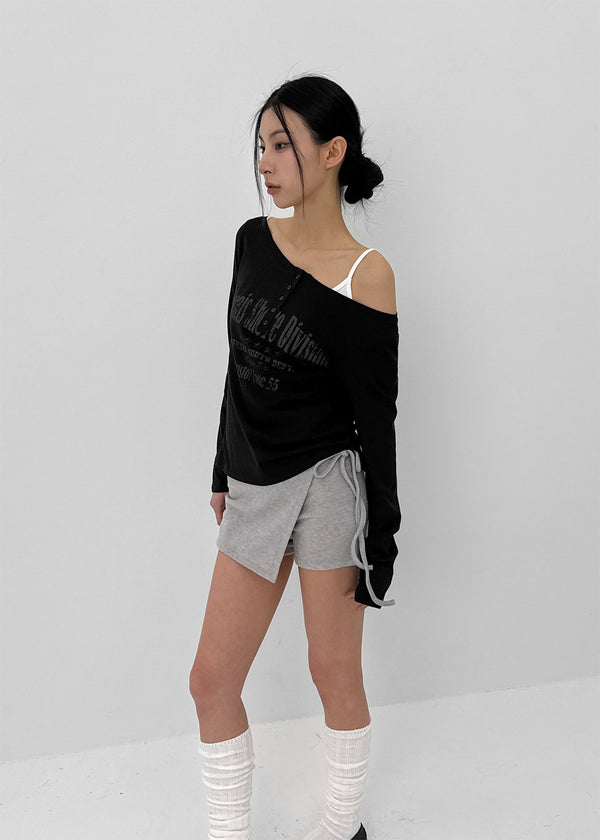 [MADE] Kundell Henley Neck Off-shoulder Long Sleeve T-shirt
