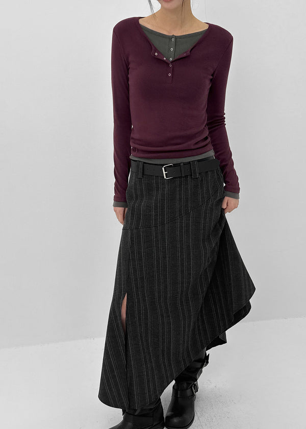 Stit Stripe Unbalanced Long Skirt (Belt Set)