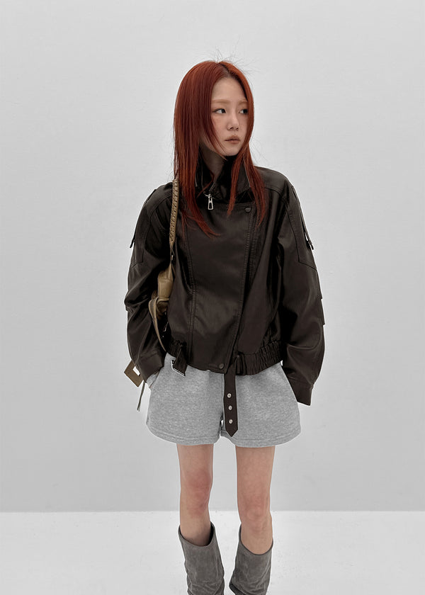 Shaddon Belted High Neck Leather Jacket