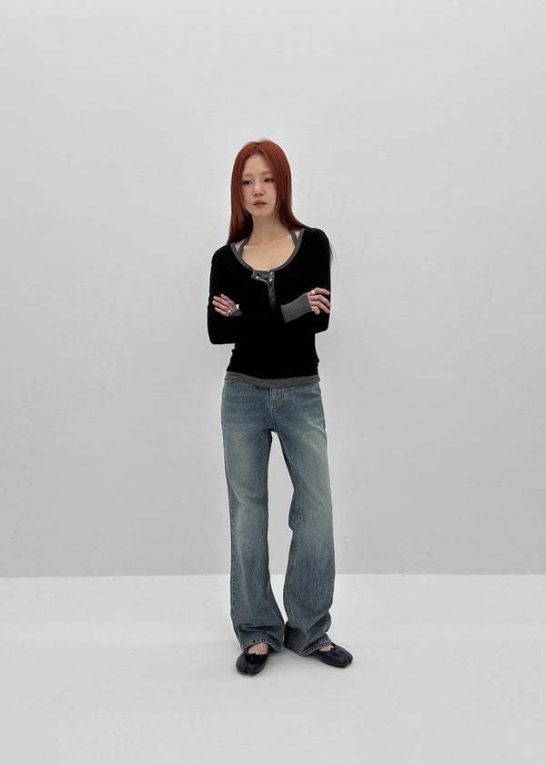 [MADE] Hato Layered Halter Henley-Neck Long-Sleeve Tee