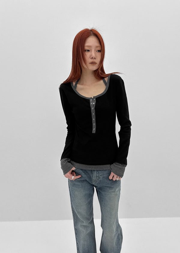 [MADE] Hato Layered Halter Henley-Neck Long-Sleeve Tee