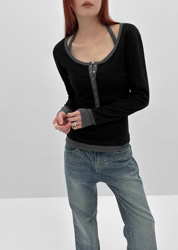 [MADE] Hato Layered Halter Henley-Neck Long-Sleeve Tee