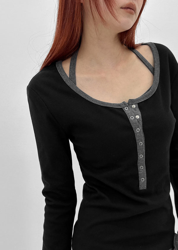 [MADE] Hato Layered Halter Henley-Neck Long-Sleeve Tee