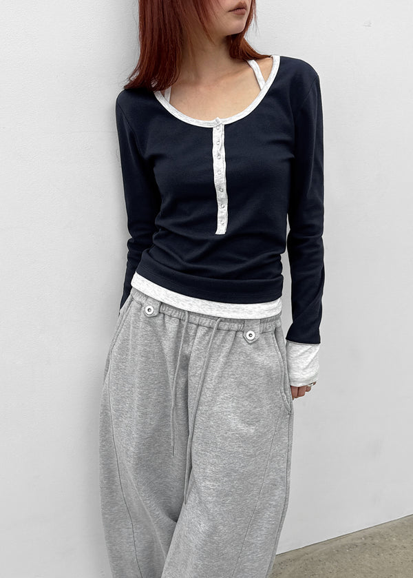 [MADE] Hato Layered Halter Henley-Neck Long-Sleeve Tee
