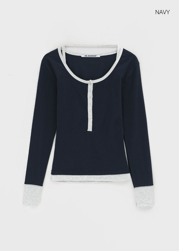 [MADE] Hato Layered Halter Henley-Neck Long-Sleeve Tee