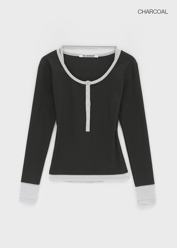 [MADE] Hato Layered Halter Henley-Neck Long-Sleeve Tee