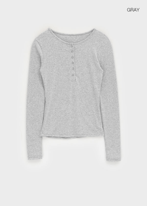 Vanilling Henley Neck Tension Long Sleeve T-shirt