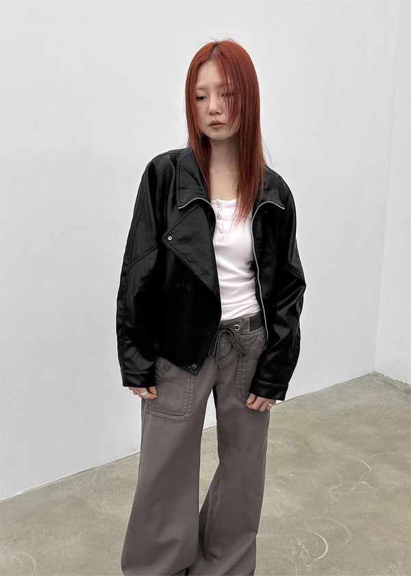 The-Ent High Neck String Leather Jacket