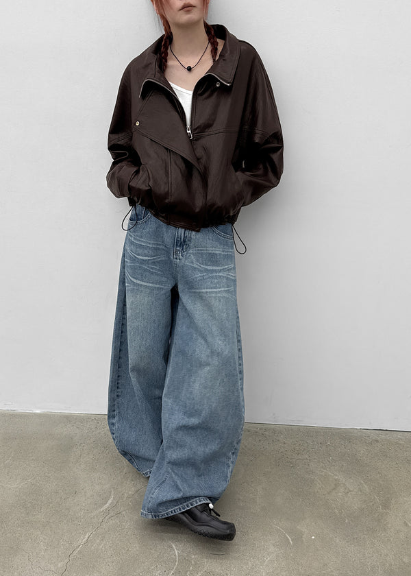 The-Ent High Neck String Leather Jacket