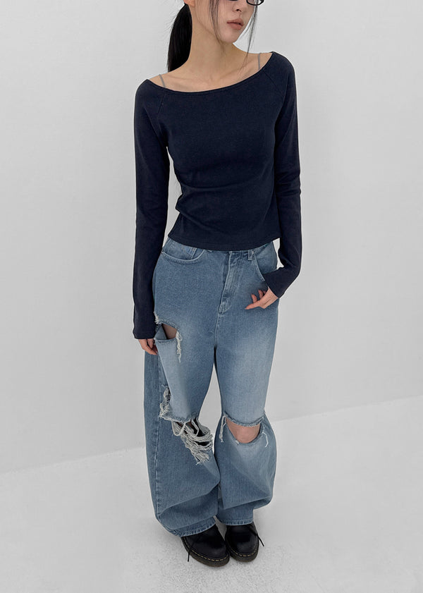 Khanel Damage Wide Balloon Denim Pants