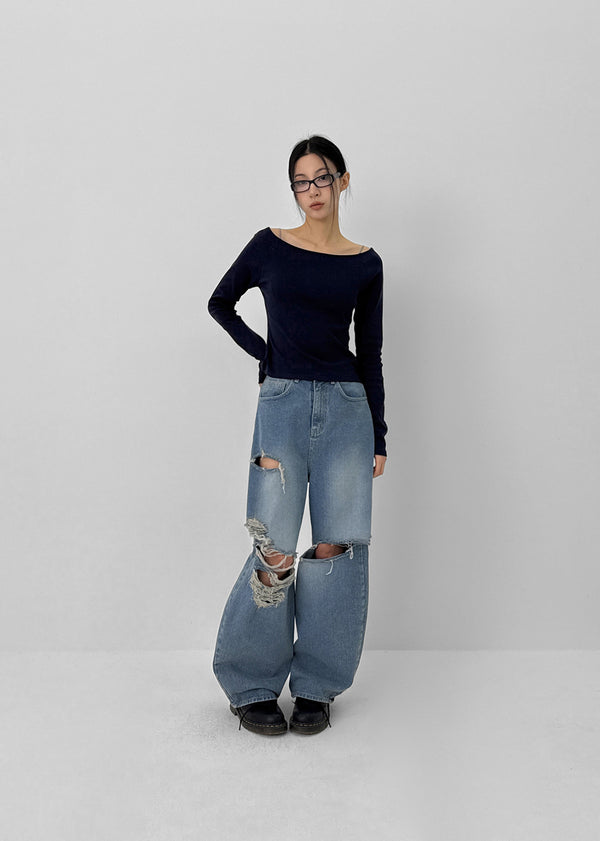 Khanel Damage Wide Balloon Denim Pants