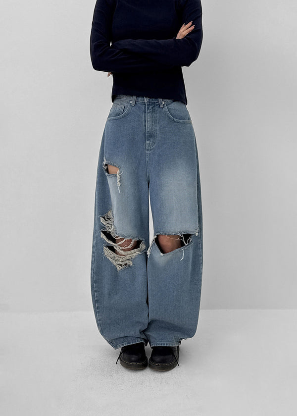 Khanel Damage Wide Balloon Denim Pants