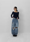 Khanel Damage Wide Balloon Denim Pants